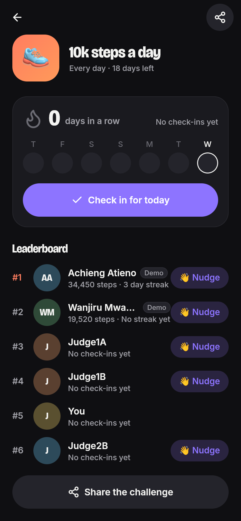The 10k steps challenge leaderboard, with Achieng in front