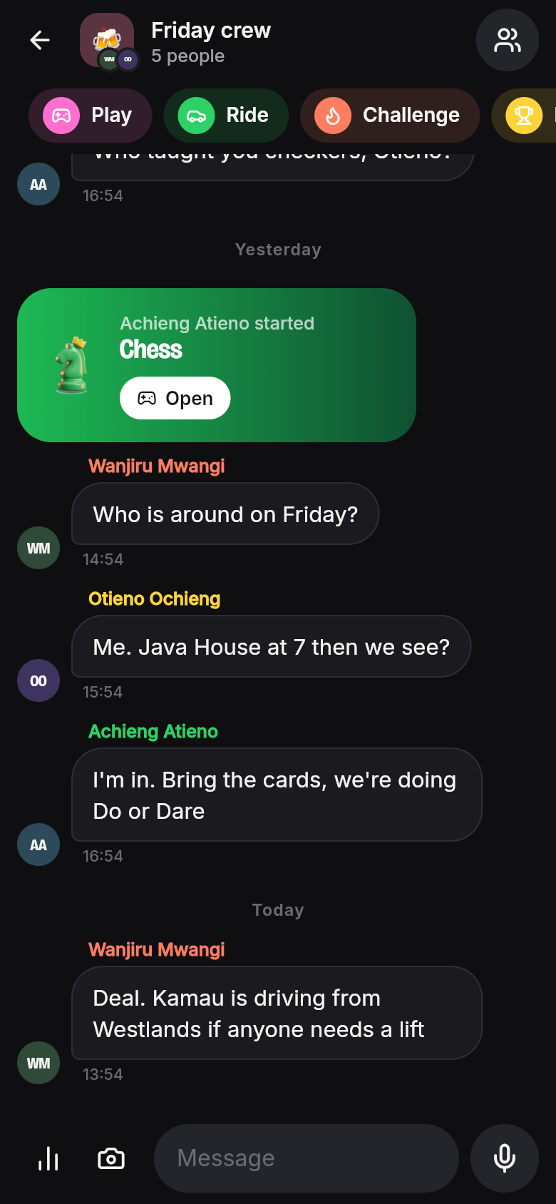 A circle chat called Friday crew, making a plan for Friday