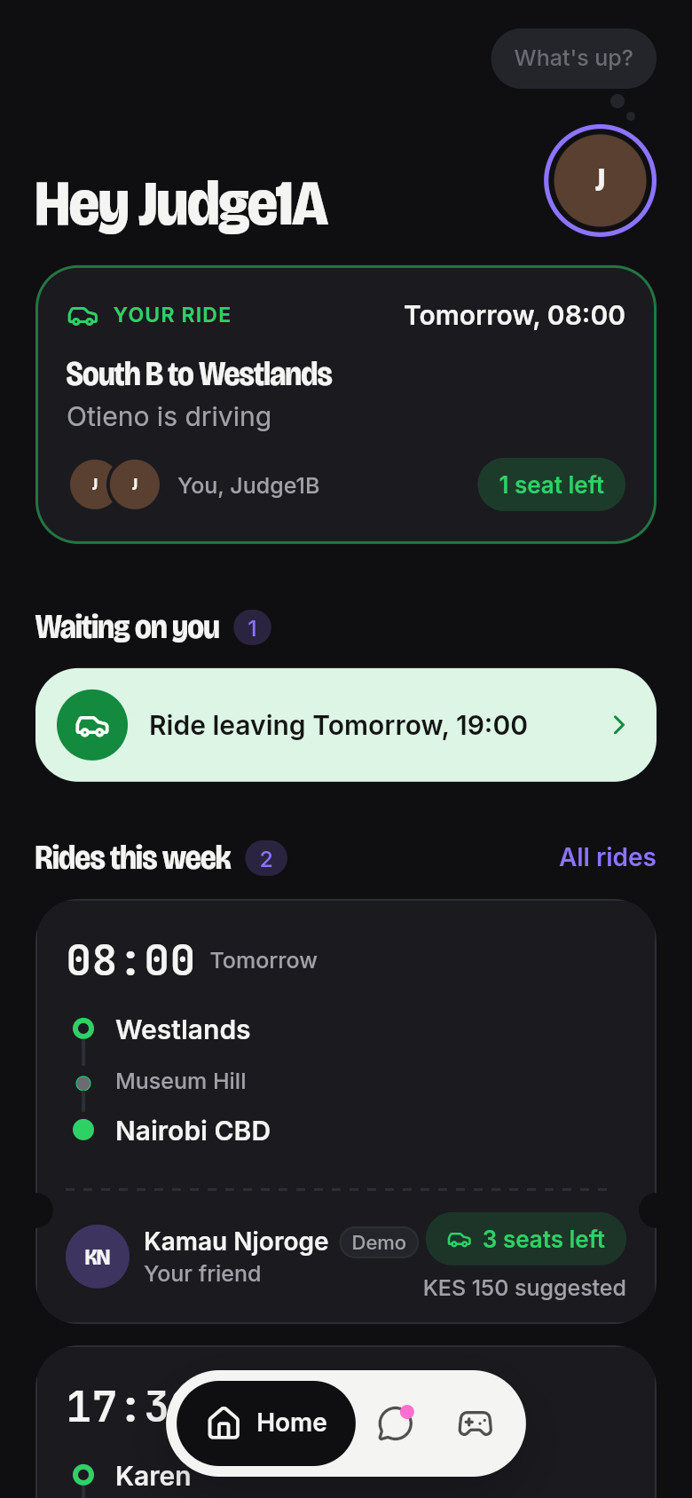 Rika's home screen, led by tomorrow morning's ride to Westlands: Otieno is driving, both judges have a seat, and one seat is left