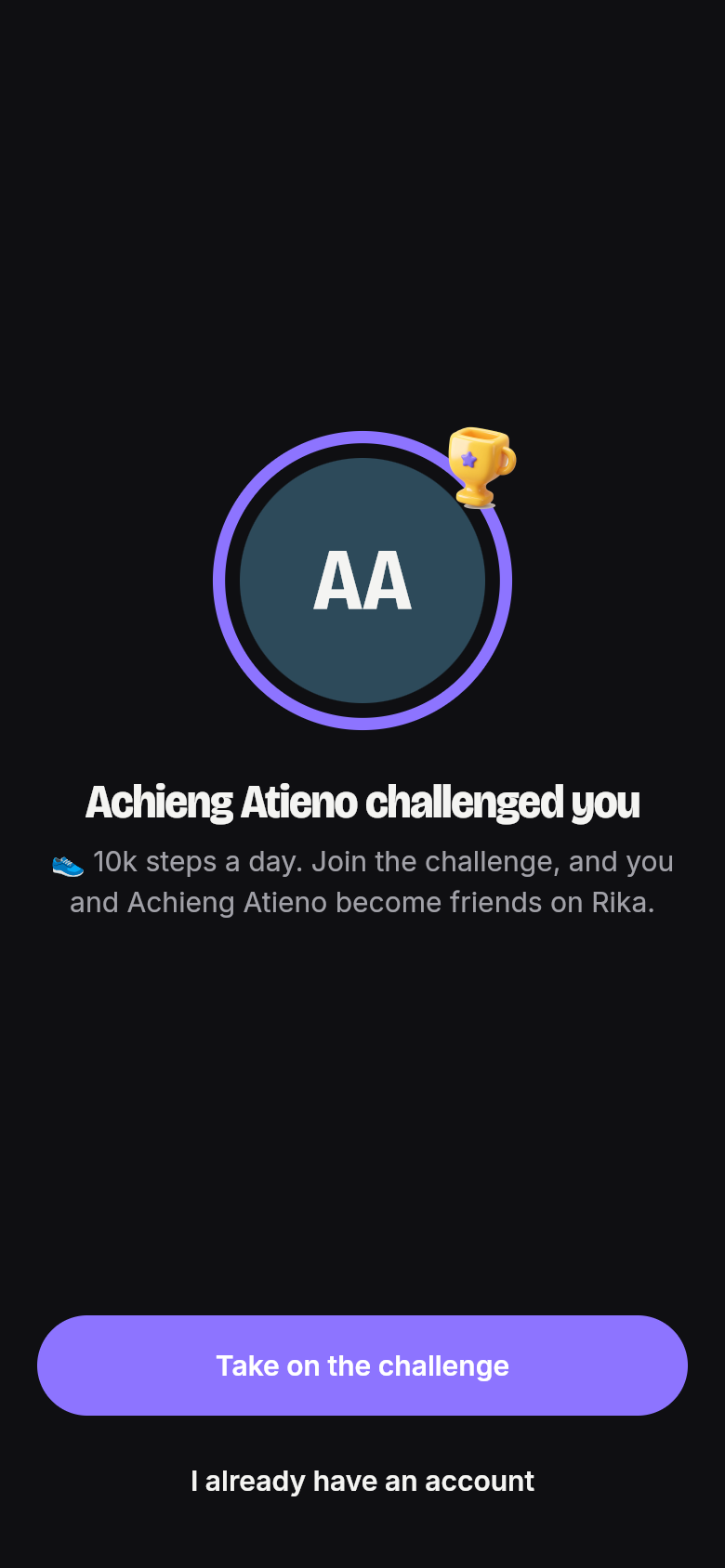 A challenge link opened by someone without an account: Achieng Atieno challenged you