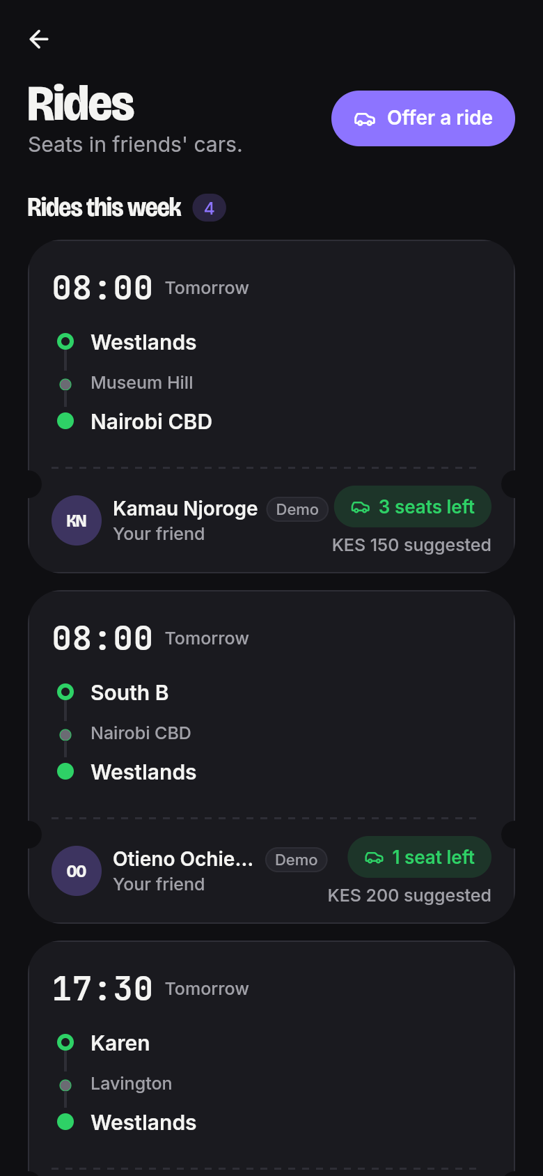 This week's rides from friends on Home: where each leaves from and goes, when, and the seats left